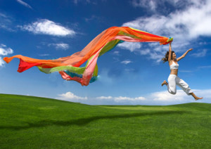 Joy - woman with scarf flying